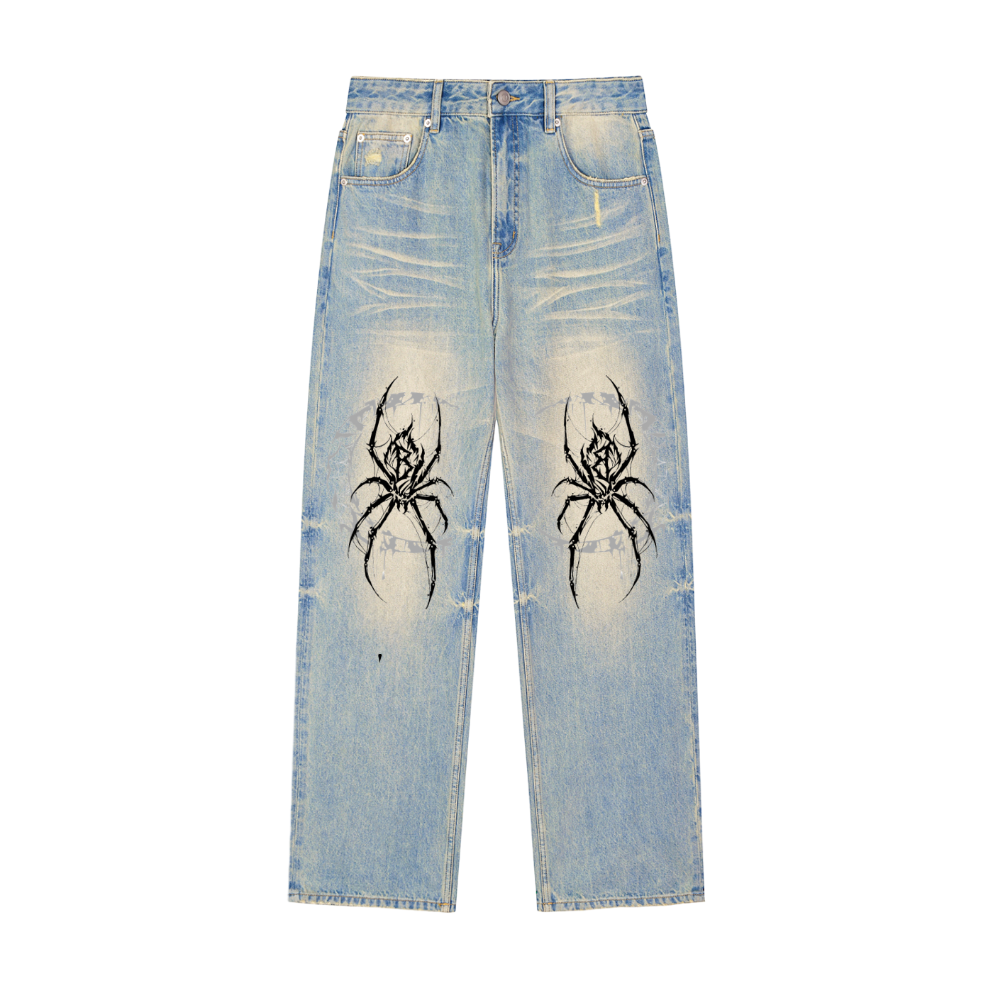 Spider Moon Sun Fade Raw Hem Denim Jeans
