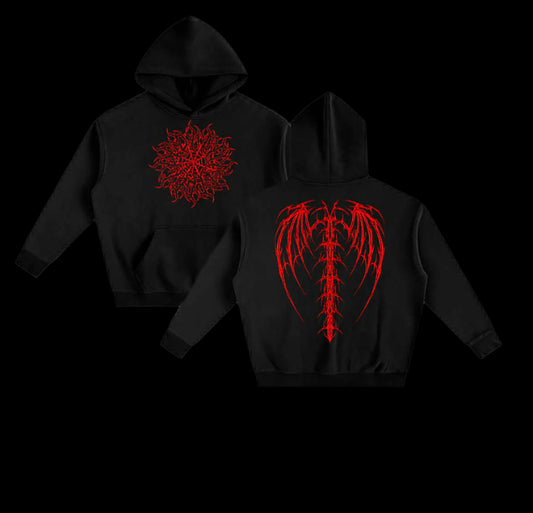 Oversize Fleeced Black/Red Wings Hoodie