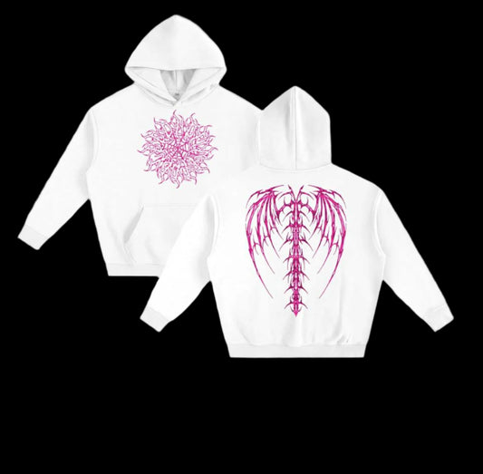 Oversize Fleeced White/Pink Wings Hoodie