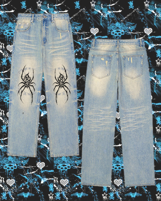 Spider Moon Sun Fade Raw Hem Denim Jeans