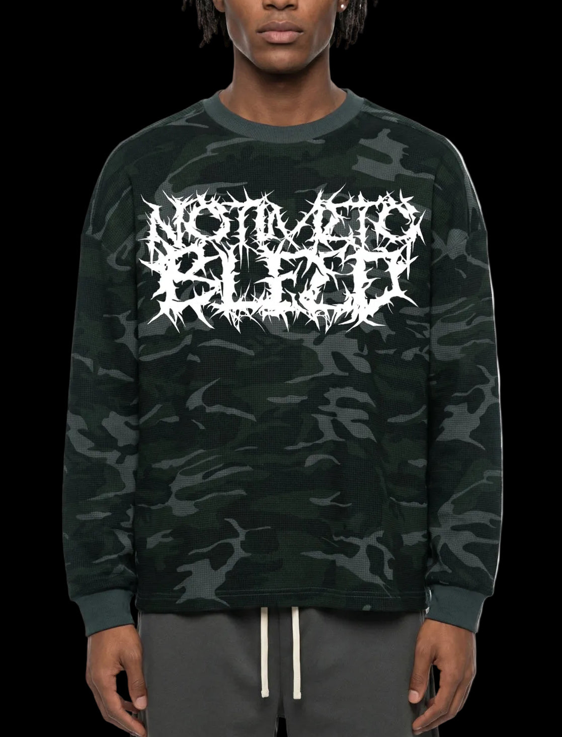 NoTime Grey Camo Waffle Boxy Long Sleeve T-Shirt
